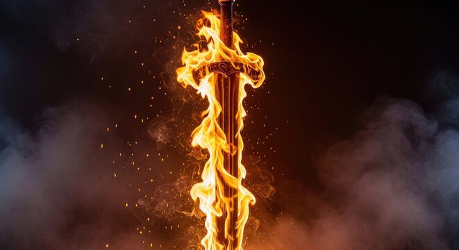 A majestic glowing blade engulfed in intense orange and yellow fire stands vertically against a dark, smoky backdrop with glowing embers, red, burning, steel