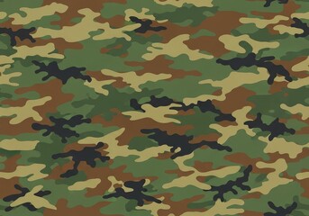 Fototapeta premium A seamless military camouflage pattern featuring abstract organic shapes in professional woodland shades of olive green and earthy brown tones, concealment, brown, outdoor