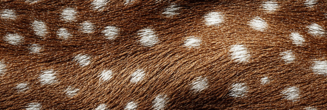 Close-up of deer's coat with white spots on brown fur. Fur texture detailed and natural. Ideal for wildlife, nature, or fashion backgrounds