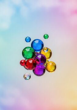 A soft abstract composition featuring vibrant multi-colored spheres floating gracefully over a dreamy gradient pastel background texture, orbs, round, rendering