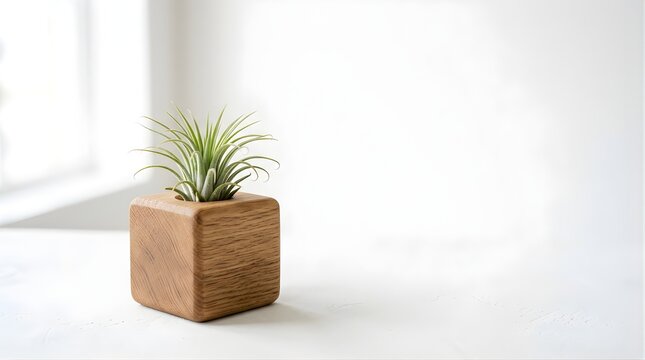 Small air plant in a wooden cube pot on a white table with bright light