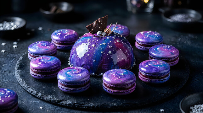Delicious purple galaxy macarons and dome cake decorated with edible stars on a dark black plate