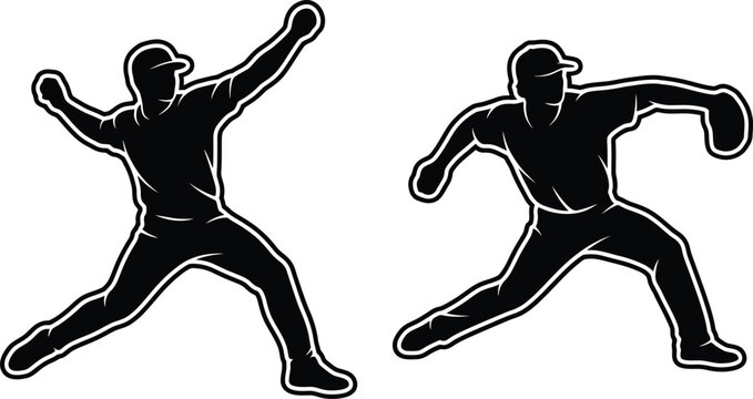 Baseball pitcher throwing action silhouette black vector icon duo set