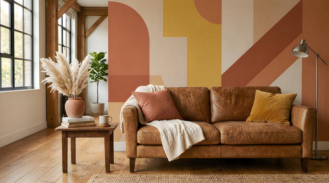 Modern brown leather sofa with a cozy blanket in a bright living room with large windows