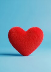 Fototapeta premium A vibrant fluffy red heart with a soft texture rests gently against a smooth blue gradient background, creating a warm and loving atmosphere, clean, wool, warmth