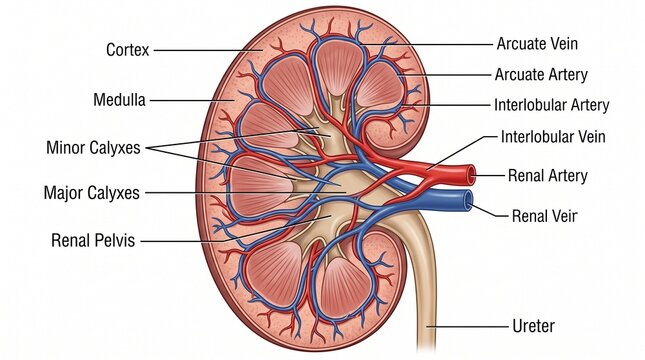 Detailed labeled diagram of human kidney anatomy showing renal cortex medulla