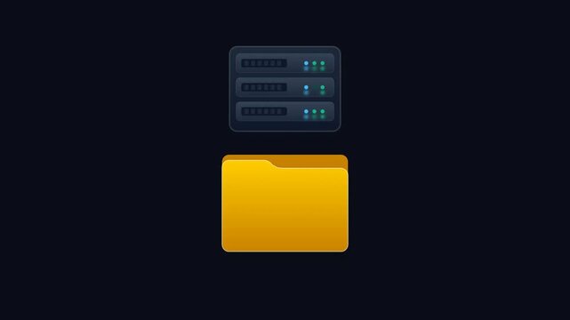 3D isometric server hardware icon above a yellow folder icon with subtle motion on dark background. Cloud storage animation, database file management, network server connection, data center concept.