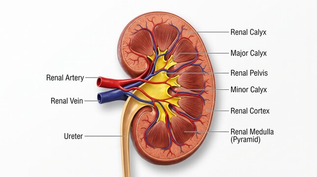 Labeled anatomical diagram of the human kidney showing internal structures