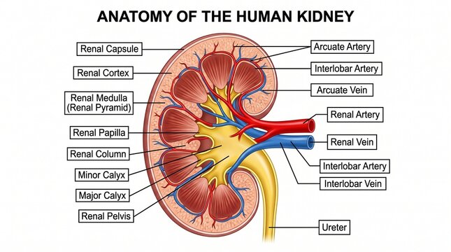 Detailed anatomical diagram of the human kidney with labeled internal structures