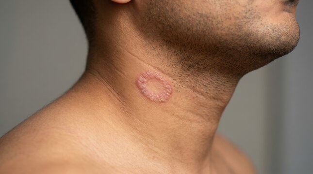 Close up of a man with a ringworm fungal skin infection on his neck