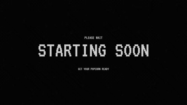 Pixel art screen overlay featuring flickering "STARTING SOON" and "PLEASE WAIT" text on dark background. Vintage video stream starting screen, gaming intro animation, broadcast overlay loop.