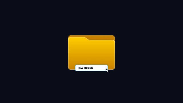 Animated cursor typing text renaming yellow directory folder to NEW_DESIGNS: Digital file organization and project workflow concept, dark background