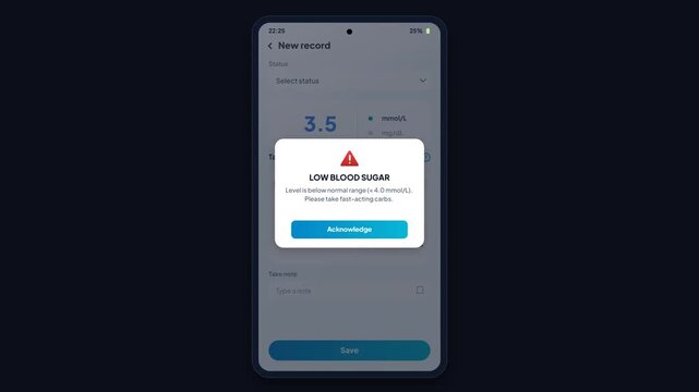 Mobile health app displaying low blood sugar warning: smartphone UI showing glucose record with target range chart and red popup alert for hypoglycemia and diabetes monitoring concept