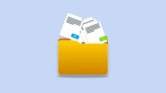 Yellow folder storing document files: animated flat vector folder with floating DOC and XLS file icons on light blue background, representing digital file management and office organization