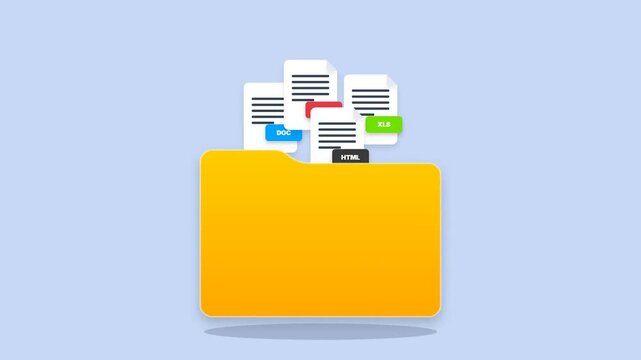 Digital yellow folder containing document format icons: flat vector file folder holding floating DOC, PDF, XLS, and HTML badges for file system diversity, digital storage, and archive concept