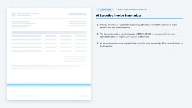 AI executive invoice summarizer scanning document: blue laser beam scanning financial invoice and generating automated summary bullet points for automated accounting and document processing