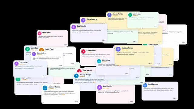 Customer review popups multiplying across dark interface: motion graphic showing user testimonial cards and five star rating badges popping up continuously for social proof and reputation feedback