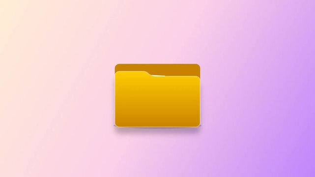 Yellow folder opening animation with documents popping out on soft pastel gradient background: file management, cloud storage icon, and office organization UI graphic