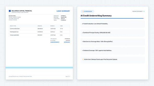 Animated AI credit underwriting document processing workflow interface. Automated financial document analysis and risk summary card visual for fintech apps.