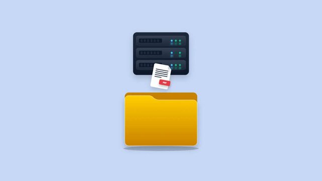 Animated flat icon showing document transferring into folder icon beneath server rack. Data storage, file management, and backup server concept graphic.