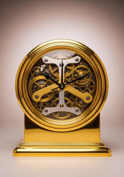 An elegant vintage gold clock features intricate exposed gears and a polished metallic finish, making it a sophisticated home decor piece, watch, clock, steampunk