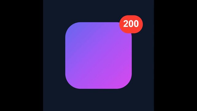 App icon with red notification badge counter rapidly increasing from zero to two hundred: Motion graphic asset for social media engagement, message alerts, and popularity.