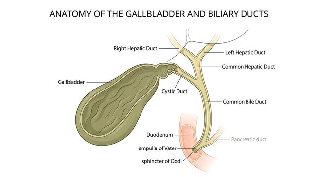 Detailed labeled diagram of a human liver with gallbladder and bile ducts