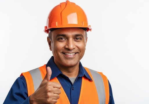 Smiling construction worker giving thumbs-up in safety gear