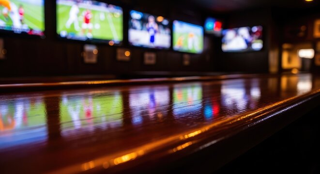 Close-up of a polished dark wooden bar counter in a dim tavern with blurred television screens showing live athletic games in the background, match, arena, atmosphere