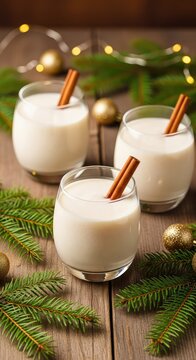 Creamy coconut coquito served in glasses with cinnamon sticks on a rustic table featuring pine needles and warm festive winter decorations, cream, festive, coconut