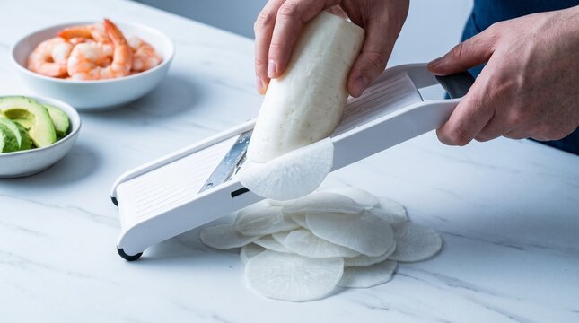 Chef Slicing Fresh Daikon Radish with Mandoline Slicer on Kitchen Countertop for Healthy Meal Preparation