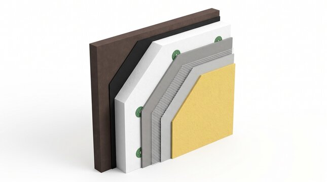 Cross section diagram of an exterior wall showing multiple layers of building insulation materials with panel