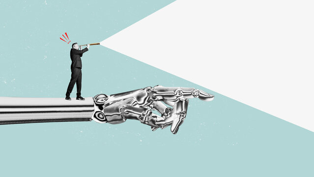 A cyber AI robot hand points out where the businessman with a telescope should look. Finding information using artificial intelligence. Modern wayfinding concept.