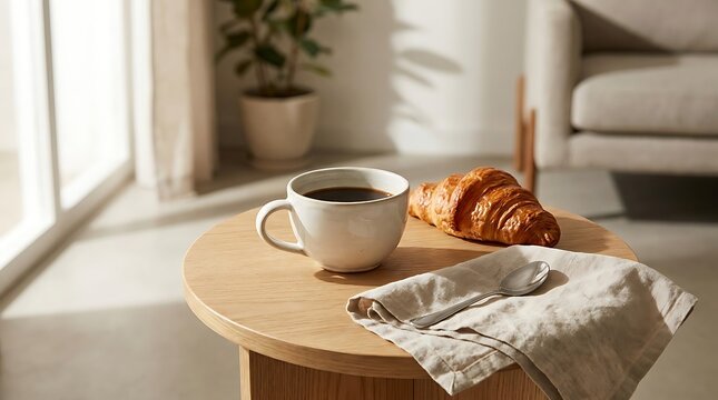 A cup of hot coffee and a fresh croissant on a wooden table in a cozy bright living room at home. kaffe pause