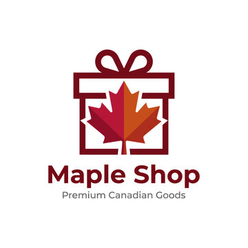 The logo emphasizes a maple leaf wrapped in a gift box, representing the essence of Canadian premium products, perfect for businesses focusing on local goods.