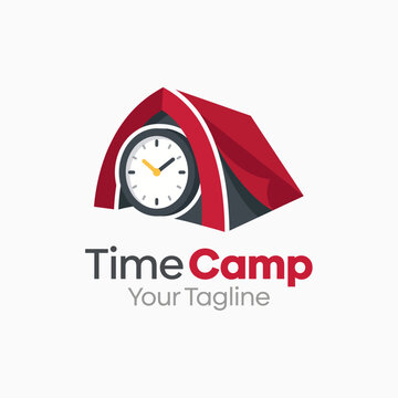 A creative logo design that combines elements of camping and time management, representing efficiency, outdoor lifestyle, and adventure for related brands.