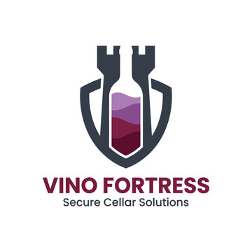 This elegant logo combines a wine bottle with a fortress shield, symbolizing strong protection for wine cellars, ideal for businesses in the wine and cellar market.