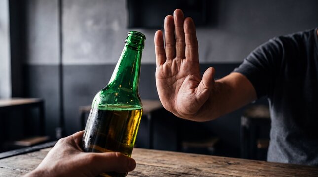 Person refusing a green glass bottle of alcohol while sitting at a rustic wooden table with reject offered green gesture hand reject makes stop gesture communication