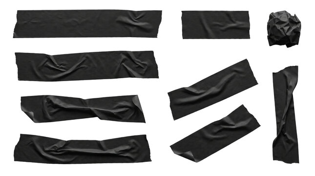 Set of Torn Black Masking Tape Strips Isolated on Transparent Background, Ripped Adhesive Tape Pieces