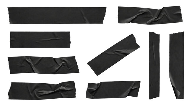 Ripped Black Tape Strips Isolated on Transparent Background, Realistic Torn Masking Tape Set