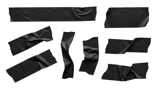 Black Adhesive Tape Pieces with Rough Torn Edges, Isolated Masking Tape Collection on Transparent Background