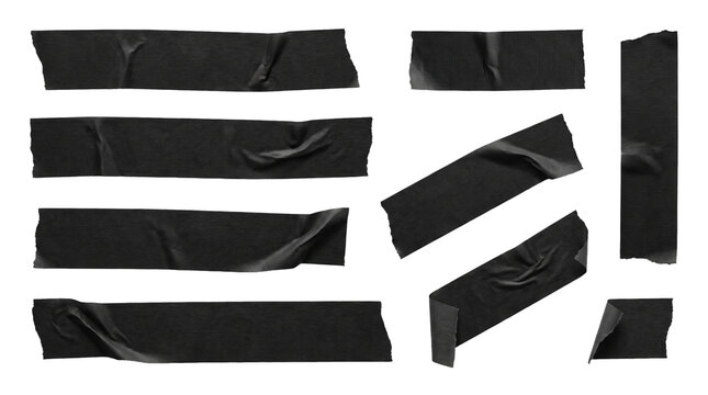 Set of Torn Black Masking Tape Strips Isolated on Transparent Background, Ripped Adhesive Tape Pieces