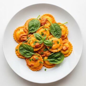 Tender cheese ravioli coated in a rich sun-dried tomato cream sauce with fresh spinach and herbs, served on a clean white ceramic plate, creamy, closeup, spinach