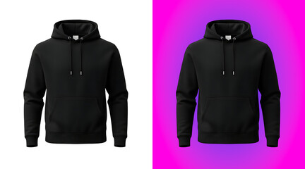Plain black cotton hoodie sweatshirt with long sleeves and adjustable drawstring hood isolated on a white background, for clothing catalog © SP Creative Lens