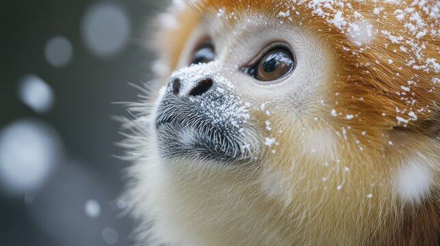 Close-up of a golden snub-nosed monkey in its natural habitat during a light snowfull, AI generated