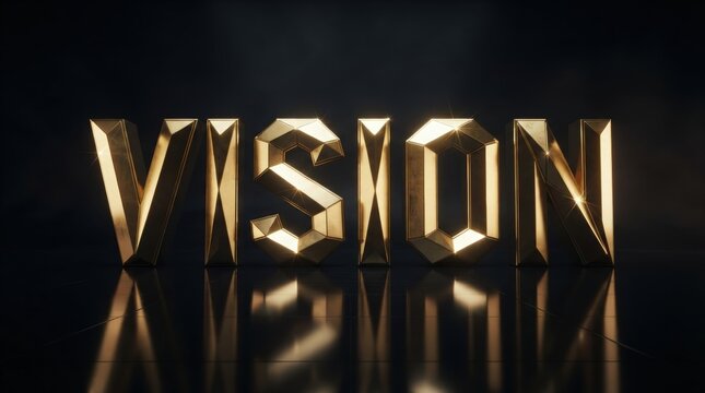Striking 3D golden metallic vision text render with reflective surfaces and dramatic lighting perfect for branding logos web banners corporate presentations.