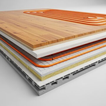A detailed cross-section of a modern interior floor showing orange radiant heating pipes arranged in a grid pattern under wooden planks, ground, renovation, control
