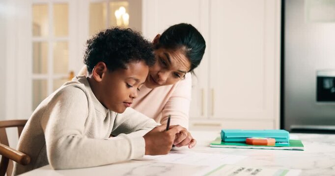 Mom, child and writing in house with homework, teaching knowledge or discussion for answer on quiz. Woman, son and talk in family home with school task, education and taking notes for assignment.