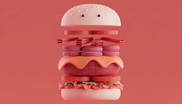 3d rendered illustration of a tasty burger with floating ingredients