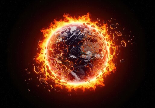 A dramatic depiction of the world globe engulfed in intense orange flames breaking into fragments against a dark deep space backdrop, awareness, celestial, destruction